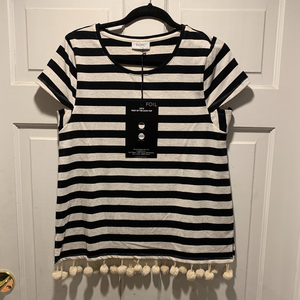 FOIL~ "NWT!!" ~   Striped top w/ pom-pom trim